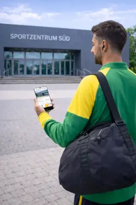 Ein junger Mann steht vor einem Sportzentrum und hat auf seinem Smartphone das Sportstättenportal von Groundkeeper geöffnet